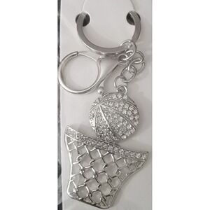 Mint Silver Rhinestone Basketball and Hoop Keychain Bag Charm Sports Accessory